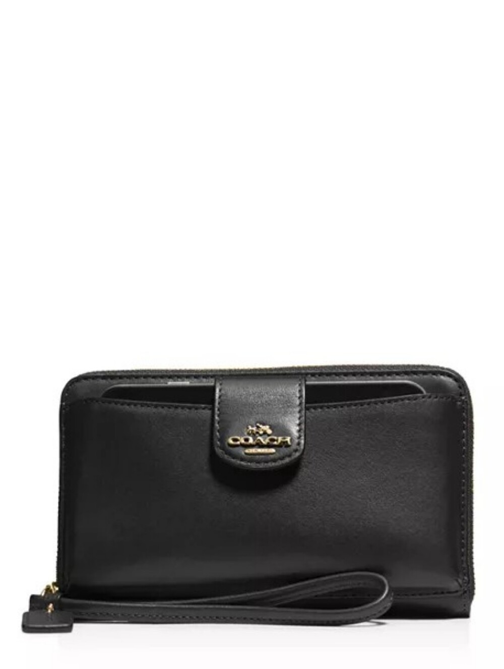 🆕 Coach Boxed Universal Wallet Phone Pocket Black Calf Leather Wristlet Case